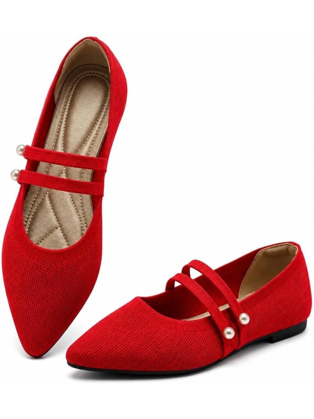 Women's Red Rubber Knit Pointed Toe Double Strap Ballet Flat Breathable Shoes